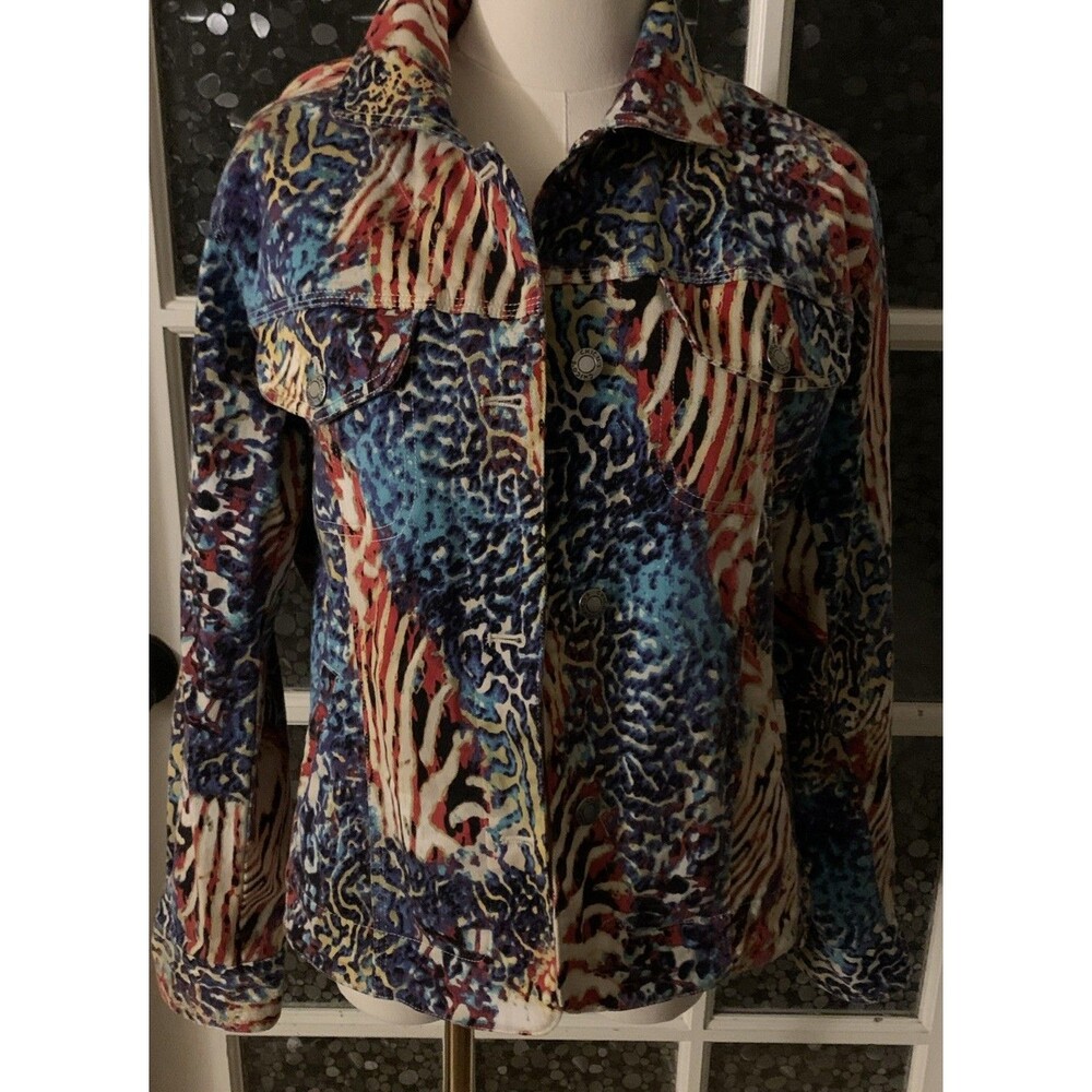 Chico's Denim Jacket Abstract Trucker Animal Print Sz 0